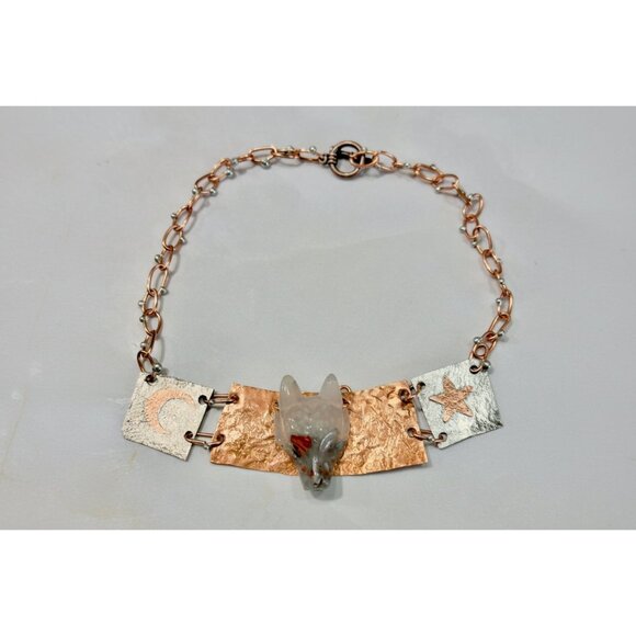 Handcrafted Bloodstone Wolf Necklace Upcycled Copper & Silver Statement Jewelry - Picture 7 of 15